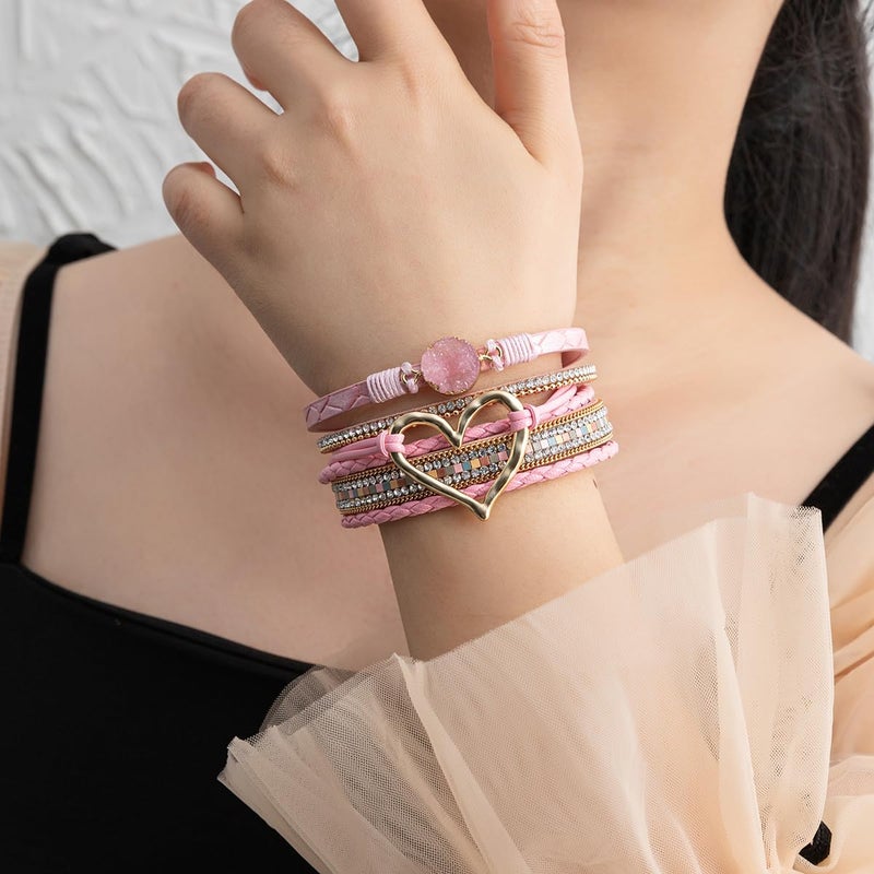 Rantanto Braid Leather Wrap Bracelet Trendy Stackable Crystal Cuff Boho Gold Heart Bracelet Jewelry Gift For Women - Image 2